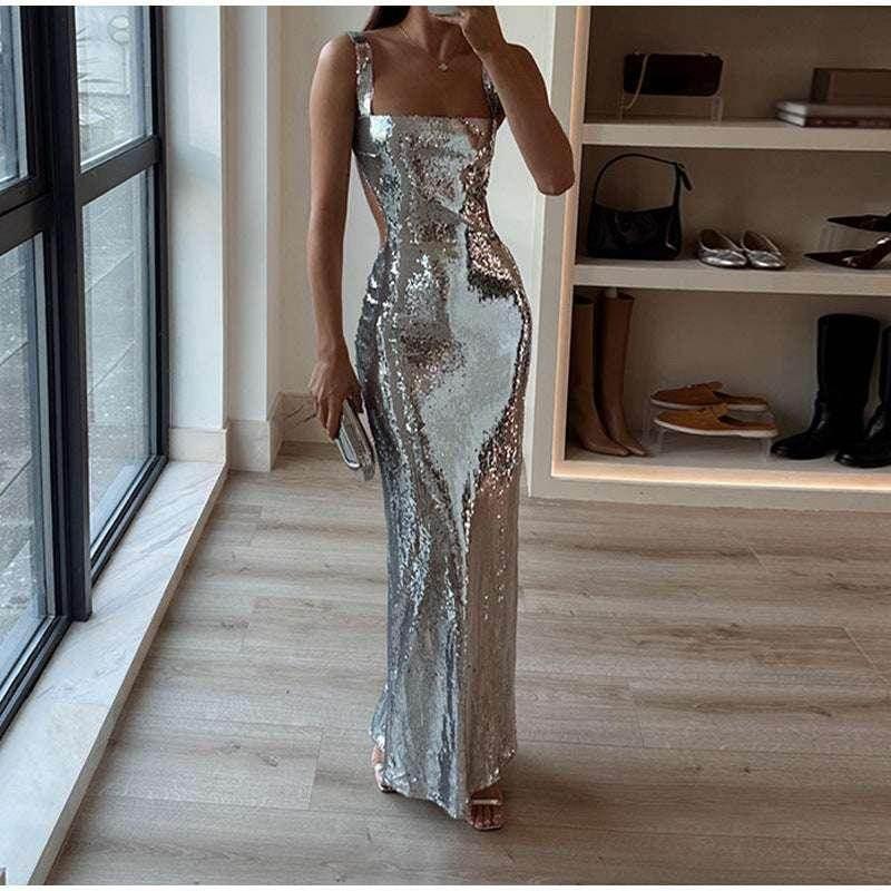 Sequin Sling Square Collar Backless Party Dress - ZA-Zola