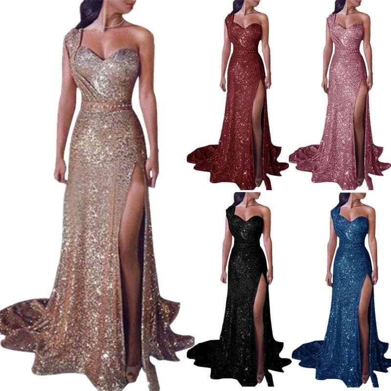 One-Shoulder Bronzing Split Dress – Elegant & Chic - ZA-Zola