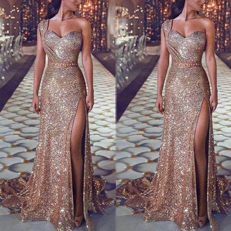 One-Shoulder Bronzing Split Dress – Elegant & Chic - ZA-Zola
