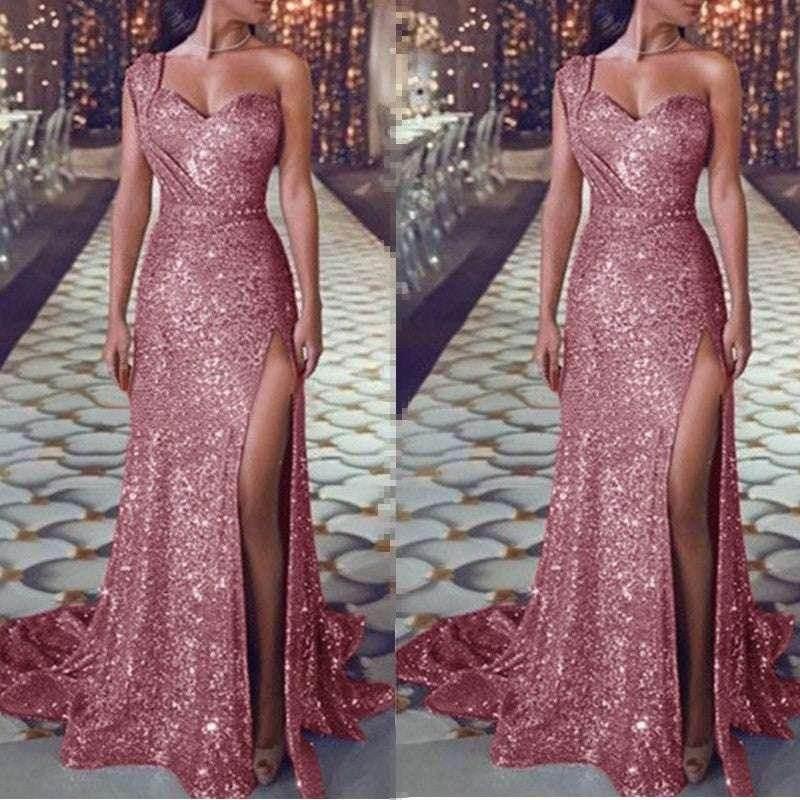 One-Shoulder Bronzing Split Dress – Elegant & Chic - ZA-Zola