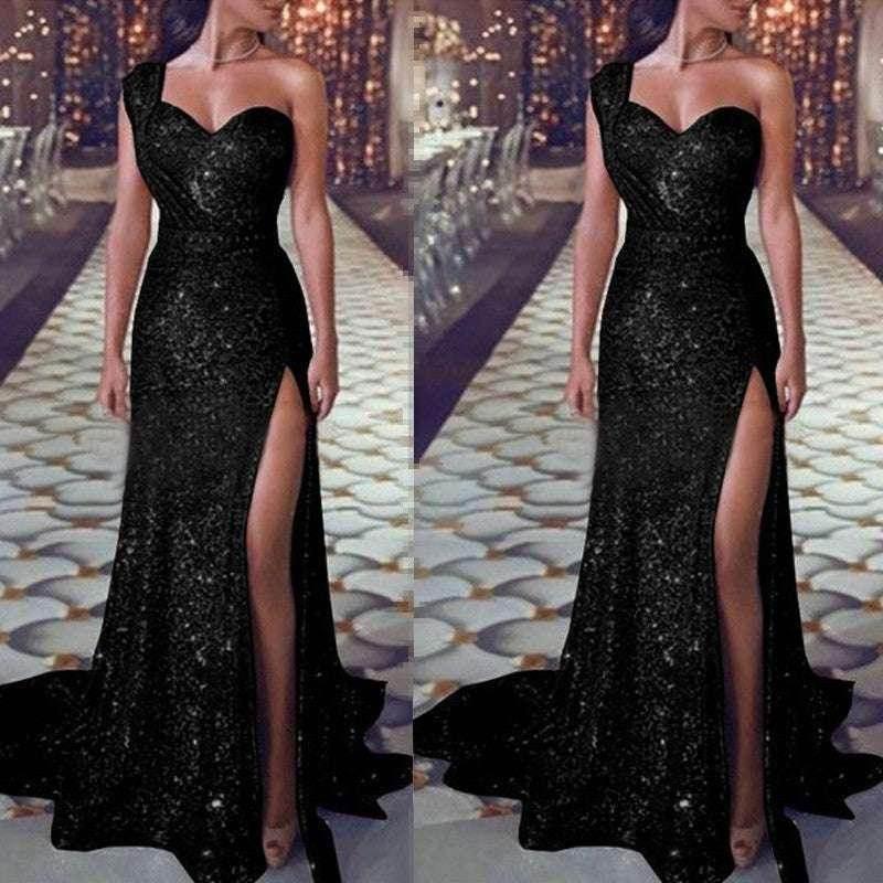 One-Shoulder Bronzing Split Dress – Elegant & Chic - ZA-Zola