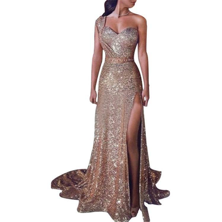 One-Shoulder Bronzing Split Dress – Elegant & Chic - ZA-Zola