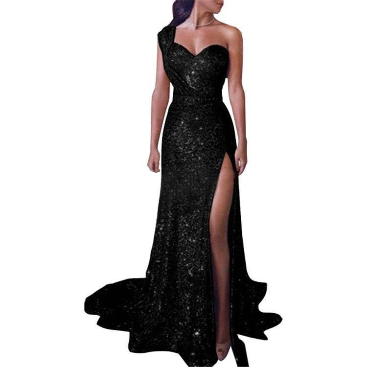 One-Shoulder Bronzing Split Dress – Elegant & Chic - ZA-Zola