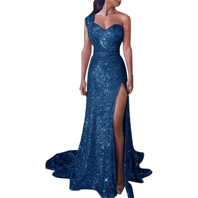 One-Shoulder Bronzing Split Dress – Elegant & Chic - ZA-Zola