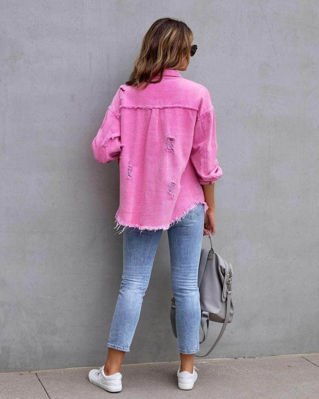Women’s Ripped Shirt Jacket – Casual Mid-Length - ZA-Zola