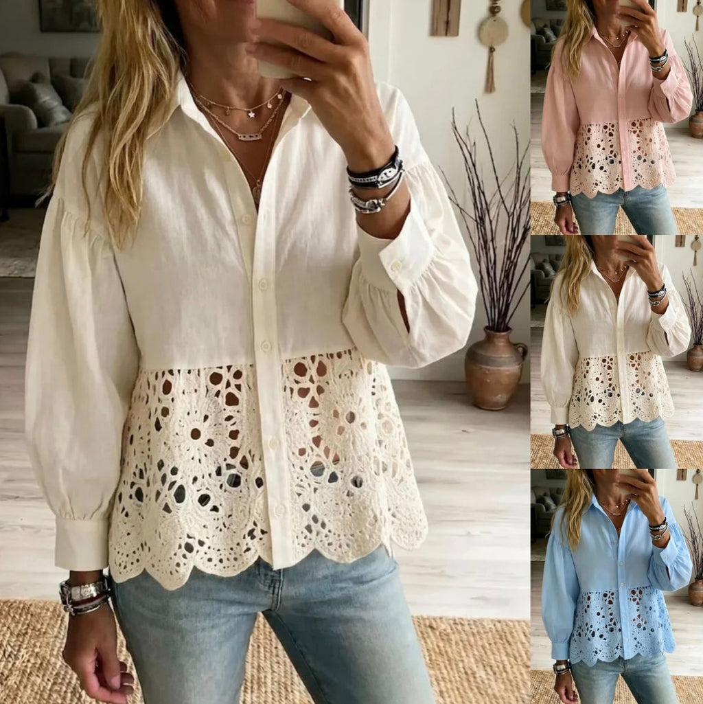 A woman takes a mirror selfie wearing a long-sleeve button-up blouse with a solid upper section and an eyelet lace overlay at the hem. The main view shows the blouse in cream, with three smaller inset views on the right showing the same style in pink, white, and light blue.
