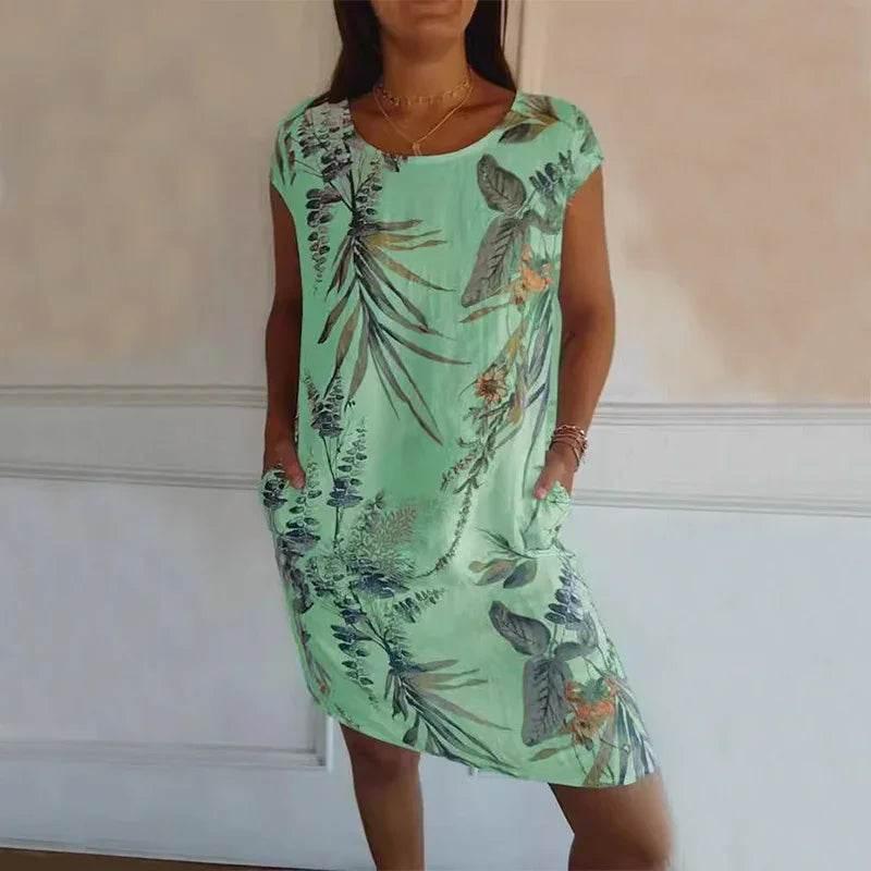 Floral Leaf Print Cotton Summer Dress with Pockets - ZA-Zola