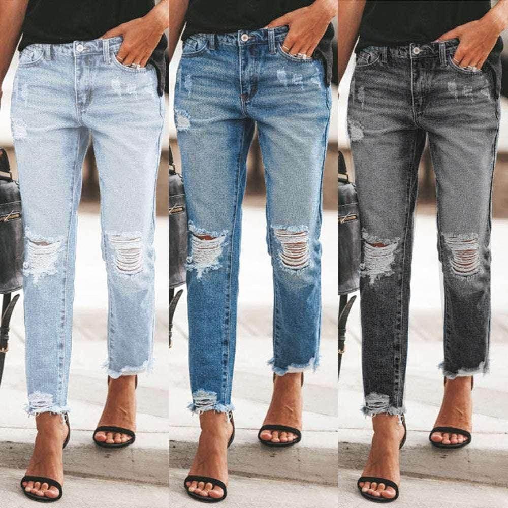 Women's Ripped Retro Straight Jeans - ZA-Zola