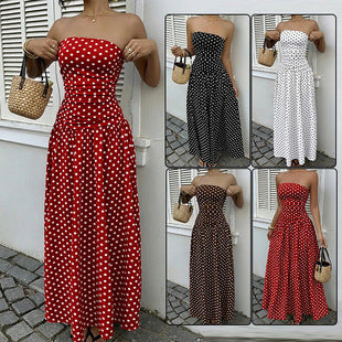 Elegant Polka Dot Off Shoulder Dress – Strapless High Waist Party Outfit