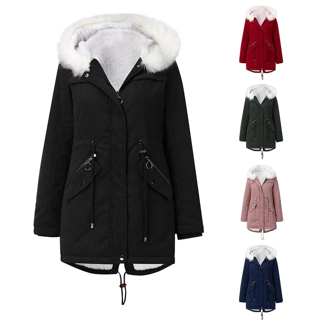 Women’s Cotton-Padded Coat with White Fur Collar Parka - ZA-Zola