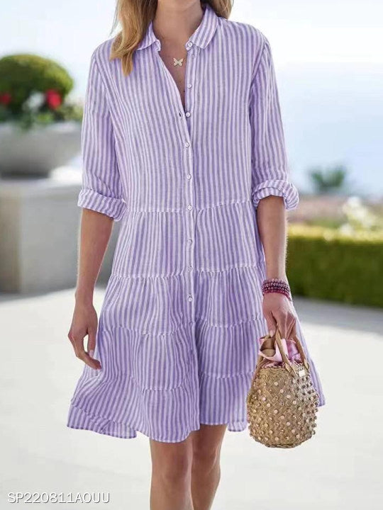 Ins Striped Long-sleeved Shirt Dress Fashion Lapel Button Women Dress
