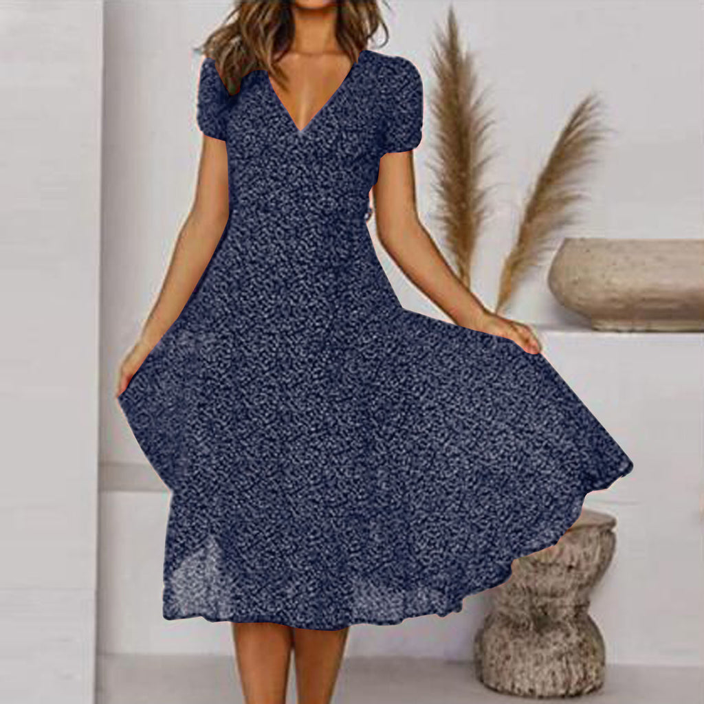 Printed V-Neck Short Sleeve Lace-Up Dress for Women