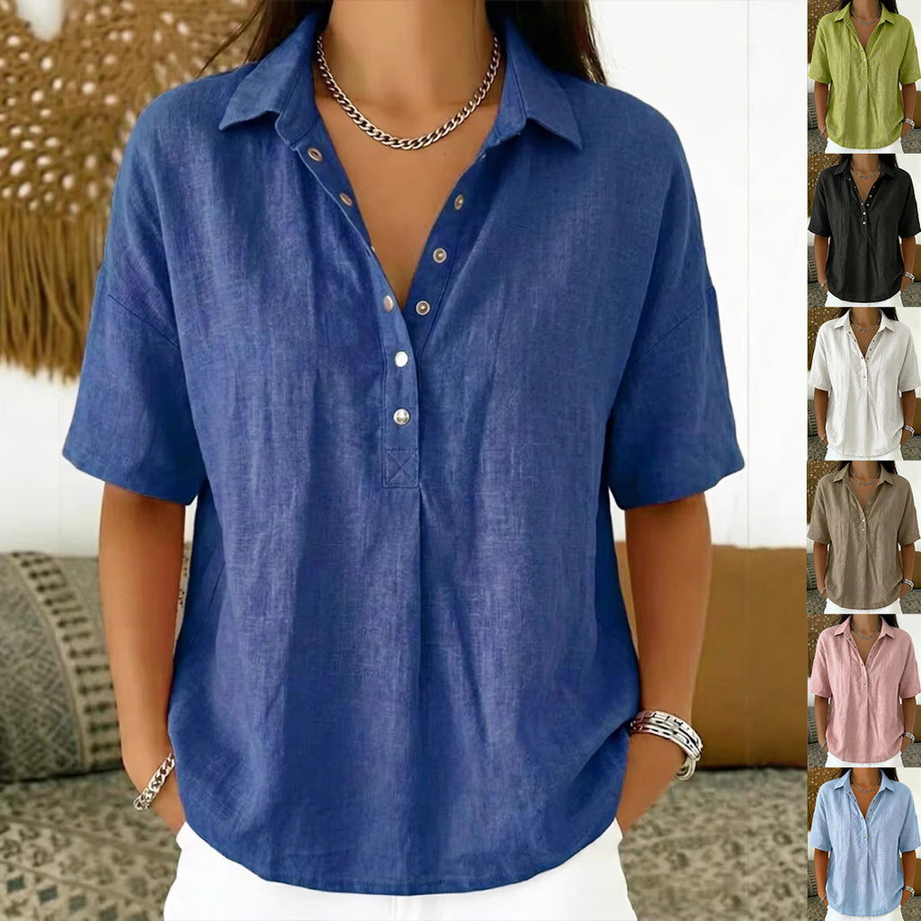 Blue shirt worn by a person with color swatches of other shirts on the right.