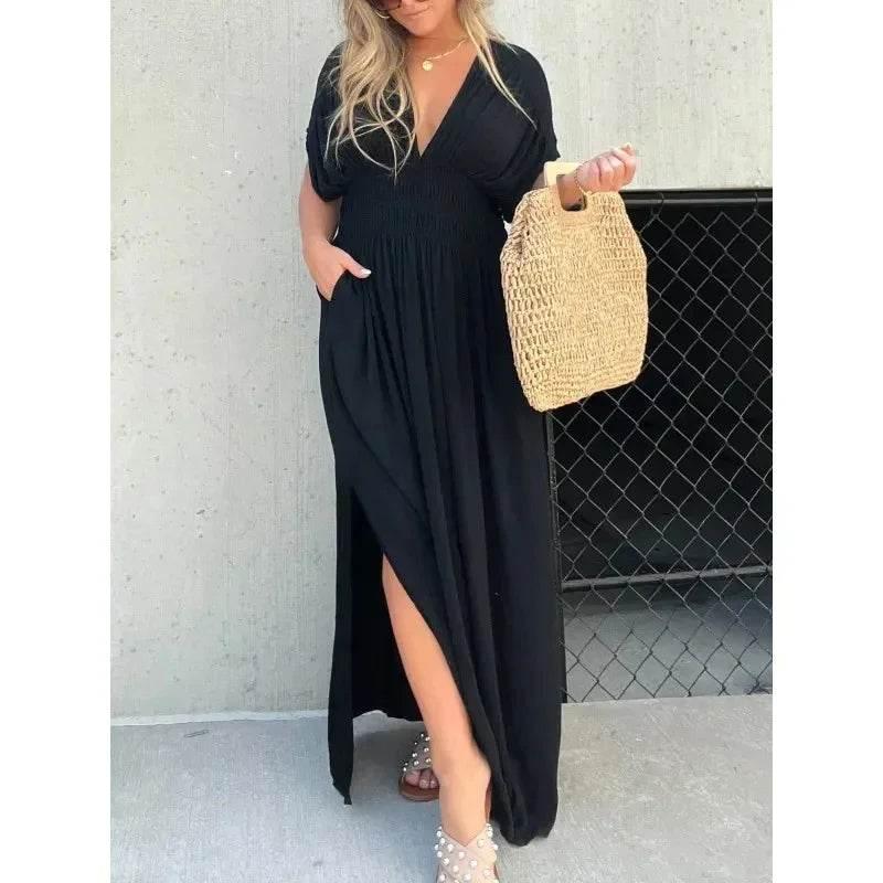 V-Neck Bat Sleeve Slit Dress – Summer Long Dress - ZA-Zola