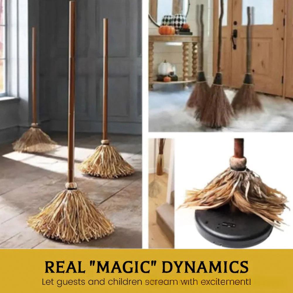 Three straw-style brooms with long wooden handles are shown in a home interior setting, including a large open room and a hallway with fog, plus a close-up of one broom head on a black base. Text at the bottom reads 'REAL "MAGIC" DYNAMICS' with a tagline about guests and children screaming with excitement.