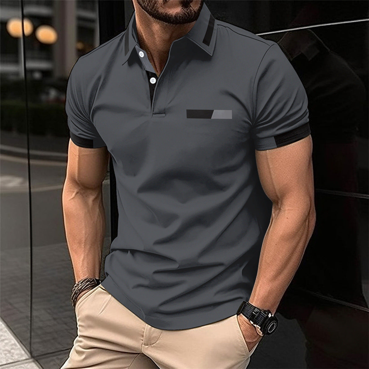 Men’s Casual Striped Lapel Business Polo Shirt with Faux Pocket