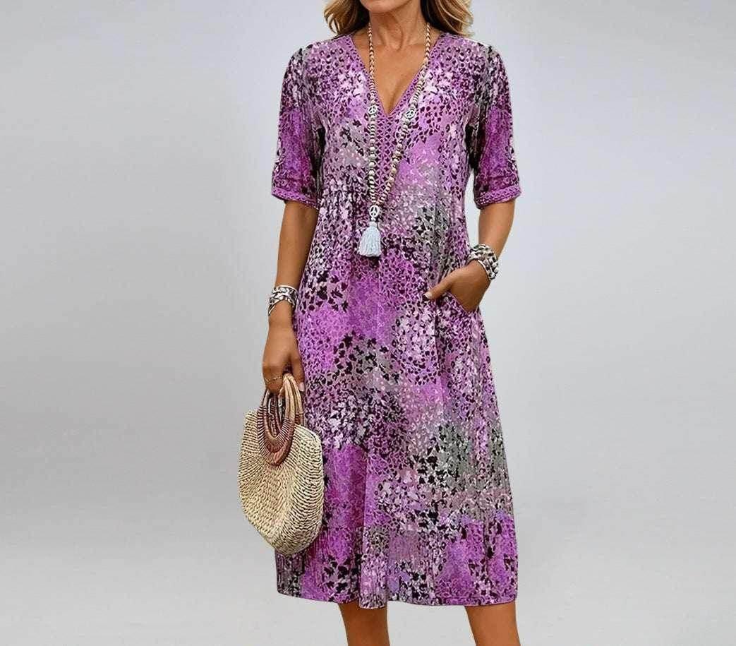 Ethnic Print V-Neck Summer Dress with Pockets - ZA-Zola