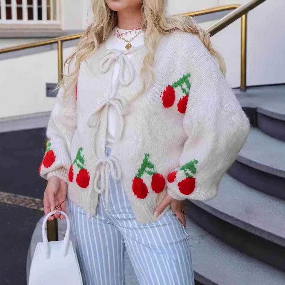 Cherry Embroidered Cardigan Sweater Women - ZA-Zola