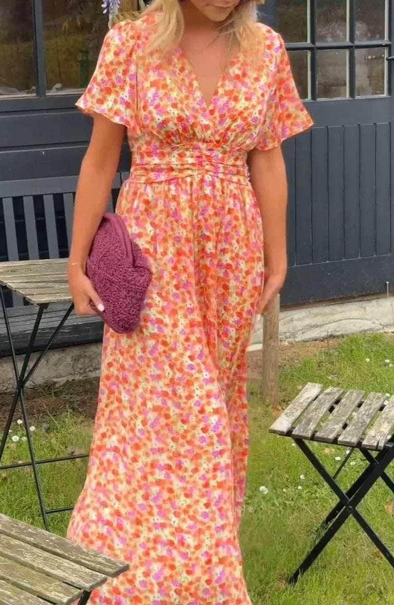 Floral V-Neck Waist Dress – Flowy & Feminine Fit - ZA-Zola