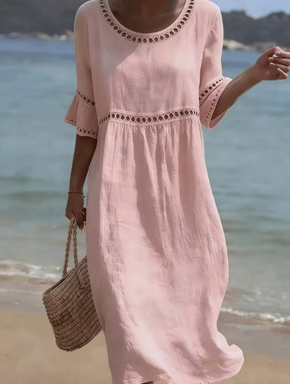 Elegant Casual Crew Neck Three Quarter Sleeve Solid Color Dress for Women