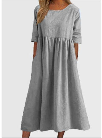 Women’s Casual Cotton Linen Short Sleeve Pocket Dress