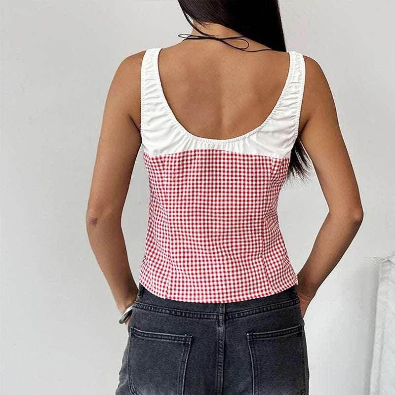 Plaid Lace Stitching Vest – Casual Red Sleeveless - ZA-Zola