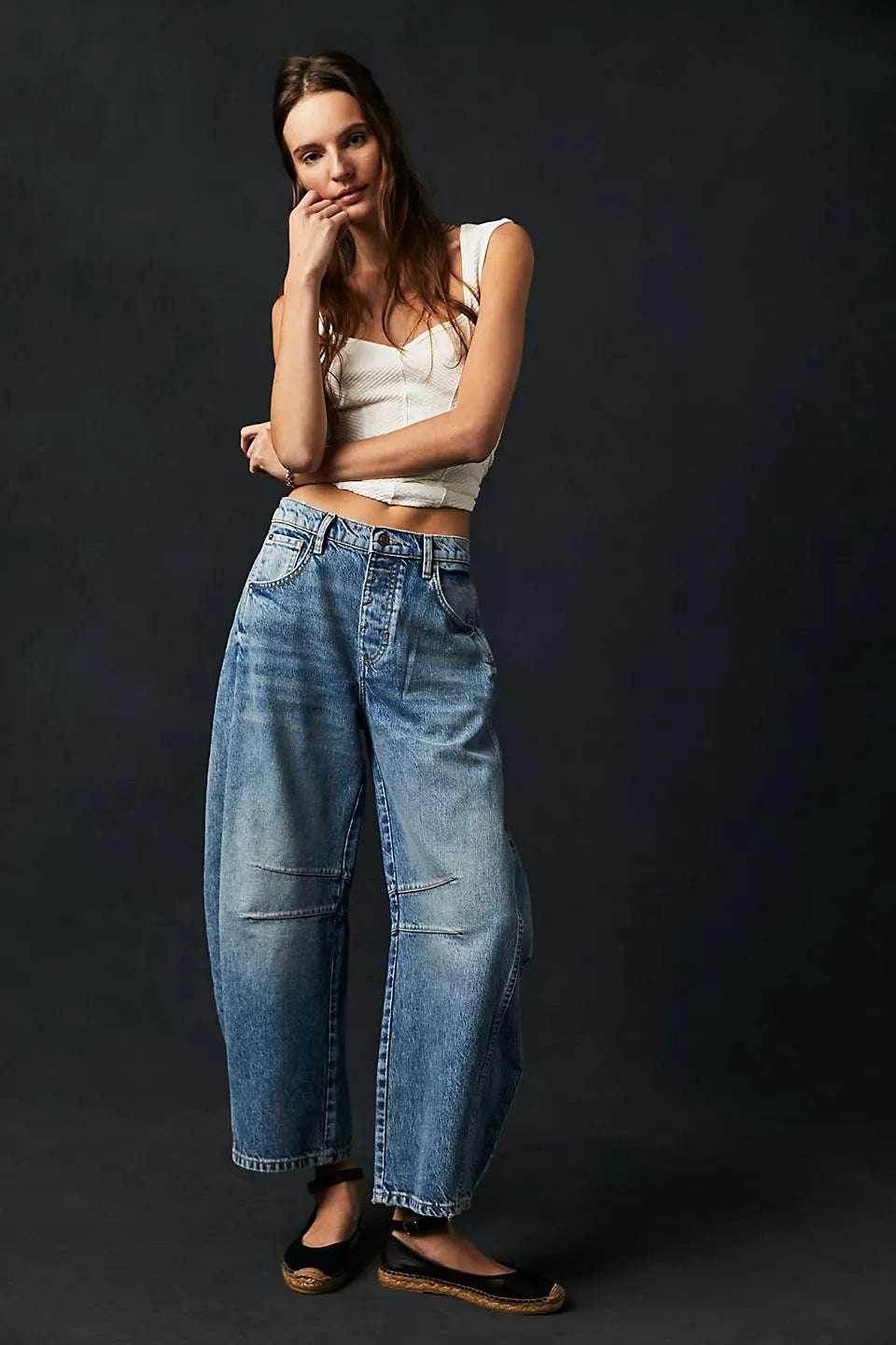 Mid-Rise Barrel Jeans with Wide-Leg Fit - ZA-Zola