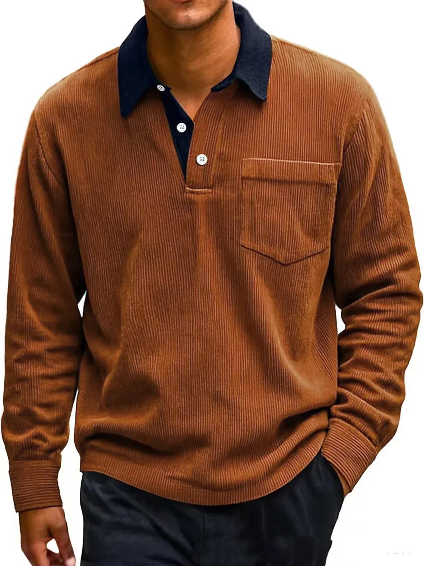 Brown corduroy shirt with a pocket on a white background