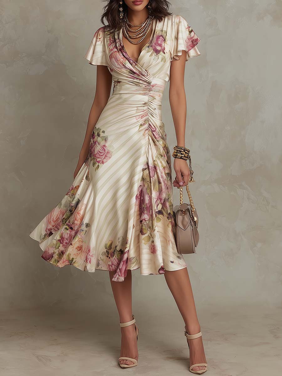 Women's Printed V-Neck Defined Waist Ruffled Hem Maxi Dress