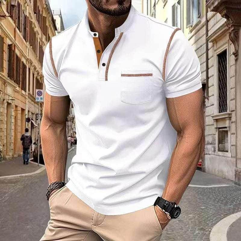 Trendy men's white short sleeve shirt with tan trim, styled for ZA-Zola fashion UK.