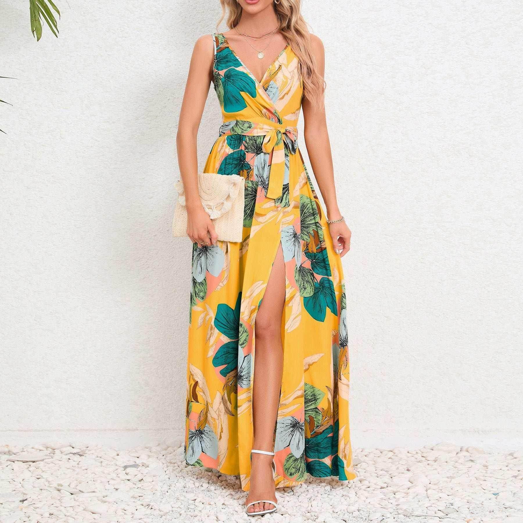 V-Neck Floral Print Long Dress with Waist Tie & Slit - ZA-Zola