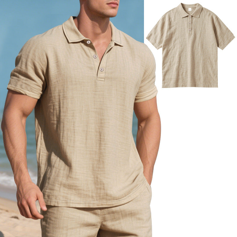 Man wearing a beige polo shirt on a beach with a close-up inset of the shirt.
