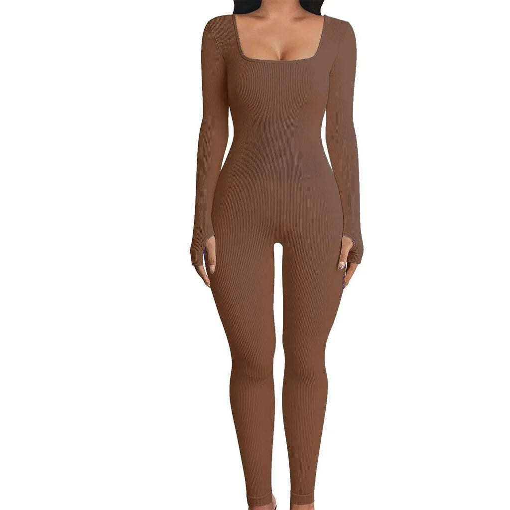 Women Yoga Jumpsuit Square Neck Long Sleeve One-Piece - ZA-Zola