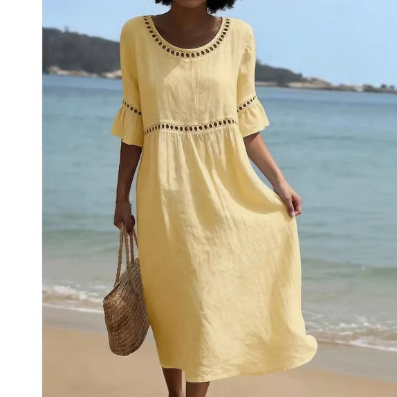 Elegant Casual Crew Neck Three Quarter Sleeve Solid Color Dress for Women