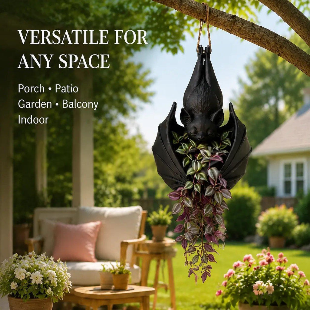 A black bat-shaped hanging planter with a trailing plant, suspended from a tree branch in a garden patio setting. White text on the left reads 'VERSATILE FOR ANY SPACE' with 'Porch • Patio • Garden • Balcony Indoor' listed below.