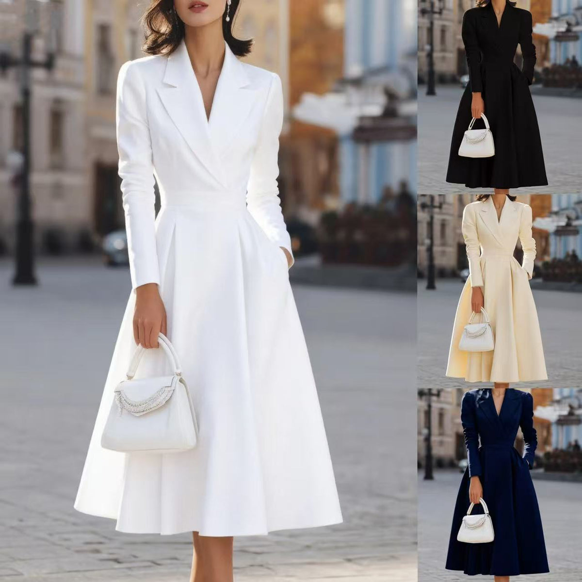 Woman wearing a white coat with different color options displayed.