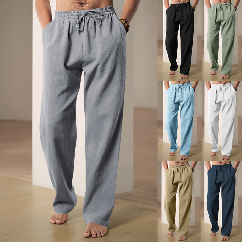 Collage of various colored pants worn by a person on a neutral background