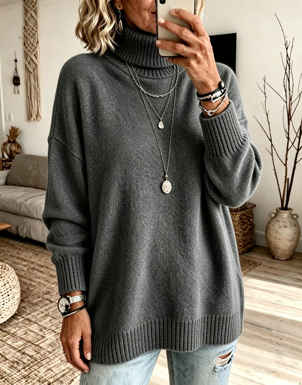 A woman takes a mirror selfie wearing a dark gray oversized turtleneck sweater, light-wash distressed jeans, layered silver necklaces, and bracelets in a cozy living room setting.