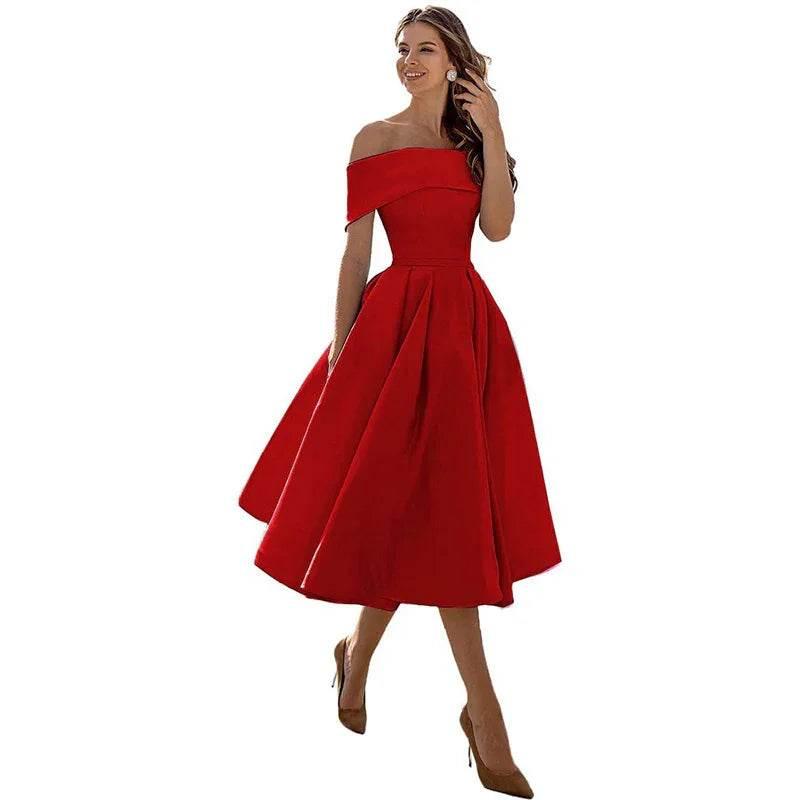 Off-Shoulder Satin Tea-Length Party Dress - ZA-Zola