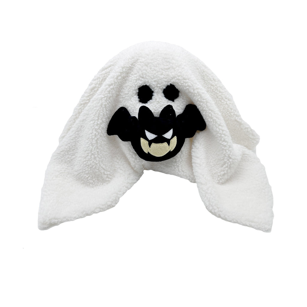 White ghost-themed beanie with black face design on a white background