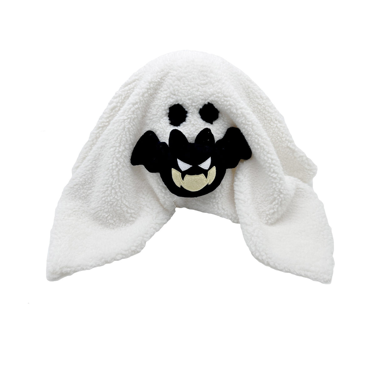 White ghost-themed beanie with black face design on a white background