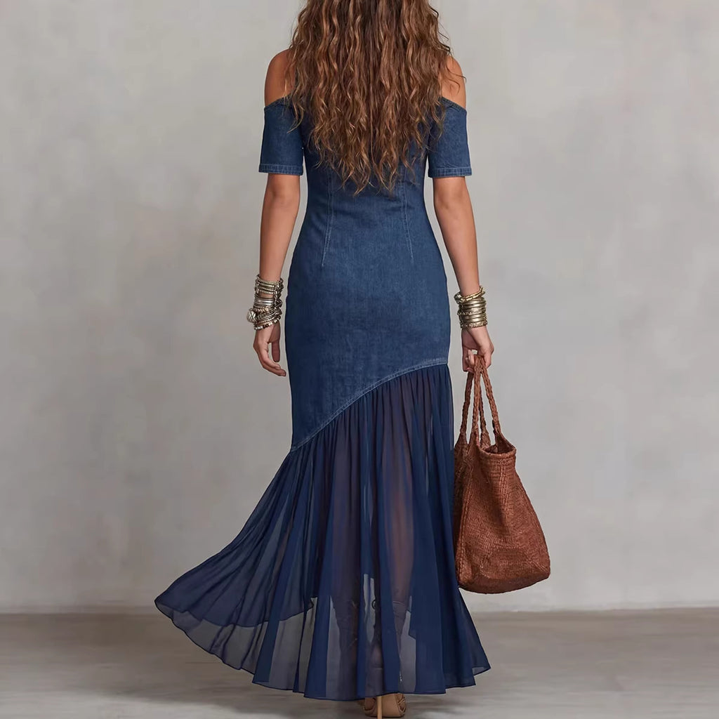Off Shoulder Mesh Hem Dress Colors Dark Blue Blue Black Women