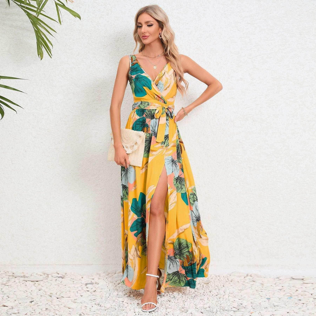 V-Neck Floral Print Long Dress with Waist Tie & Slit - ZA-Zola