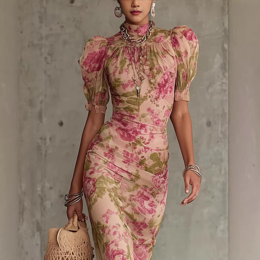 Woman wearing a floral dress with a textured wall background