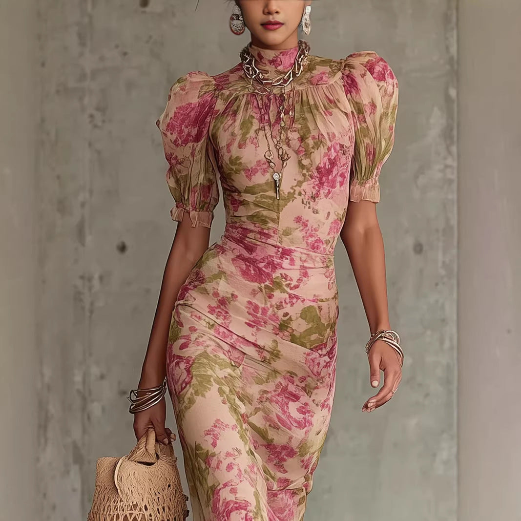 Woman wearing a floral dress with a textured wall background