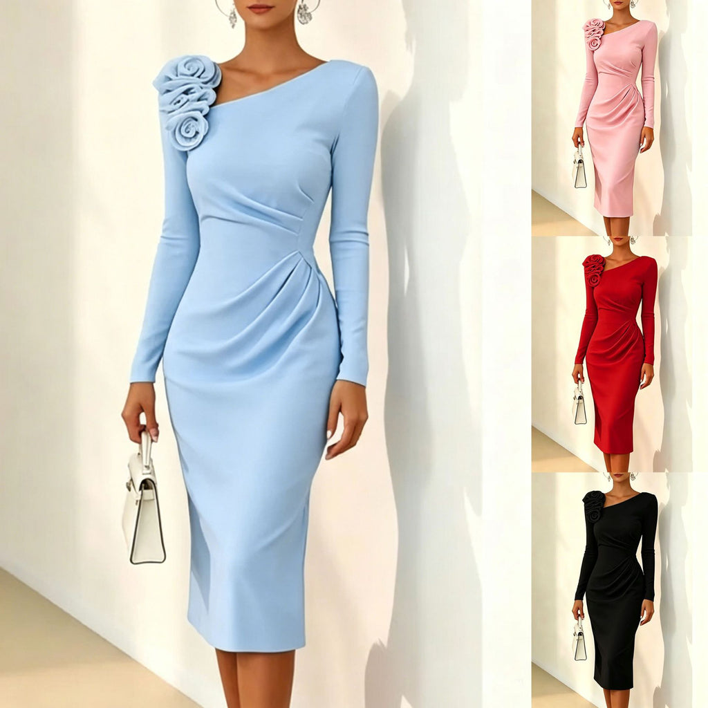 A woman models a fitted one-shoulder midi dress with long sleeves and a large fabric flower detail on the shoulder. The main view shows the dress in light blue, with three smaller side views showing the same dress style in pink, red, and black.