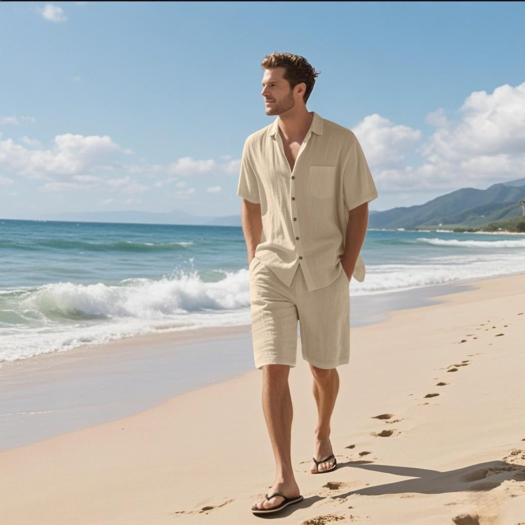 Man in beige shirt and shorts standing on a sandy beach with ocean and mountains in the background
