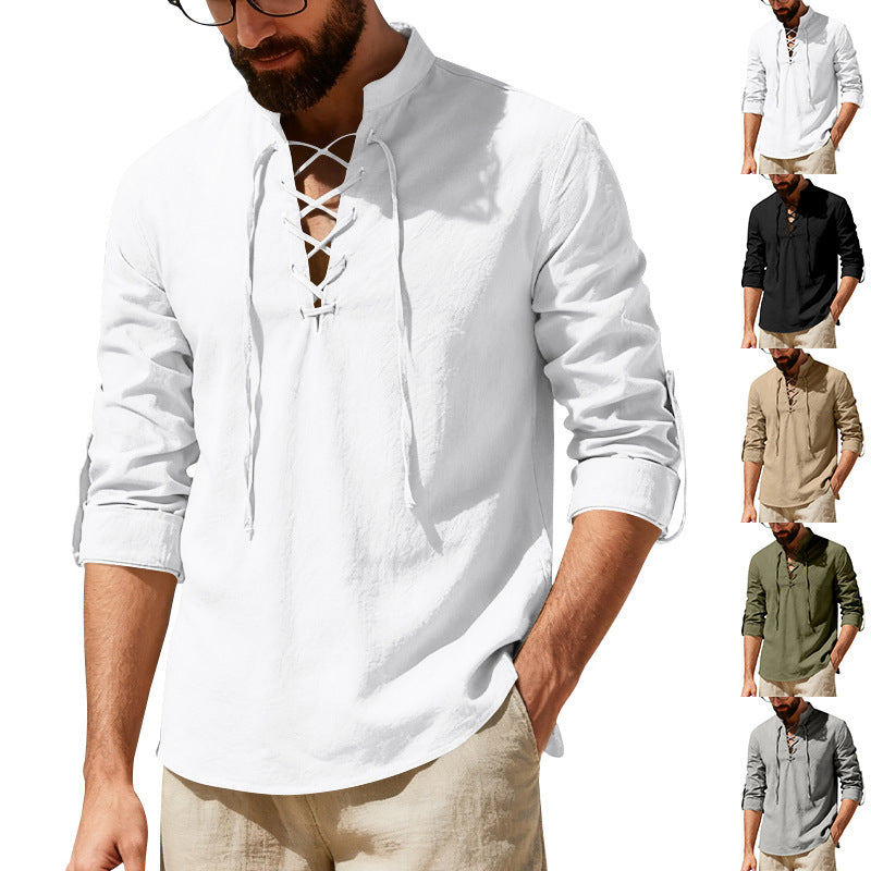 White long-sleeve shirt with lace-up front worn by a man, with additional images of similar shirts in different colors.