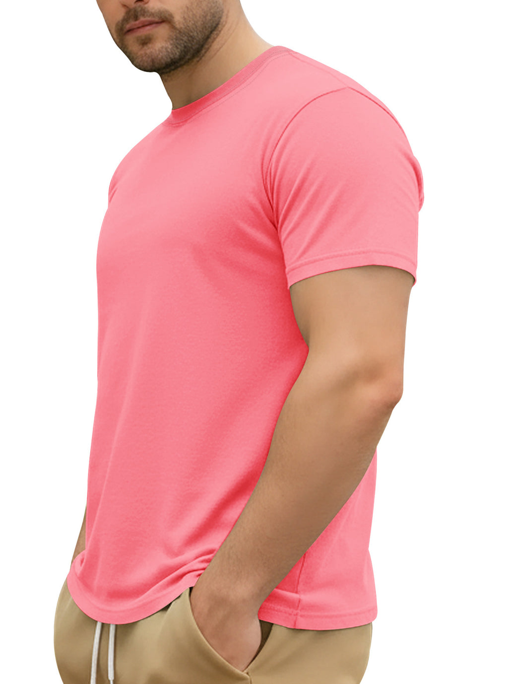 Person wearing a bright pink t-shirt on a white background