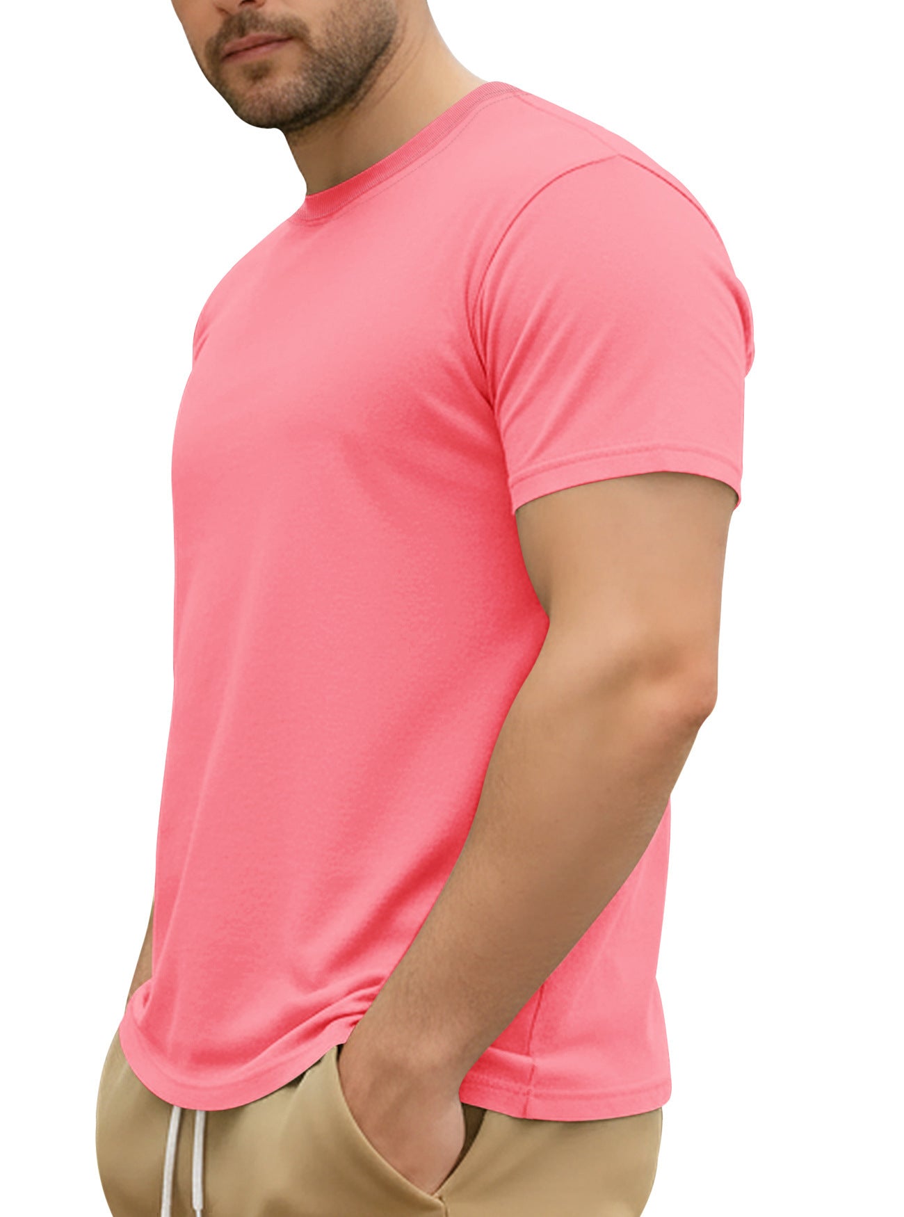 Person wearing a bright pink t-shirt on a white background